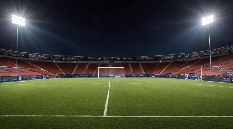 夜间足球场灯光下进行中的乐玩 lewin 赛事直播画面