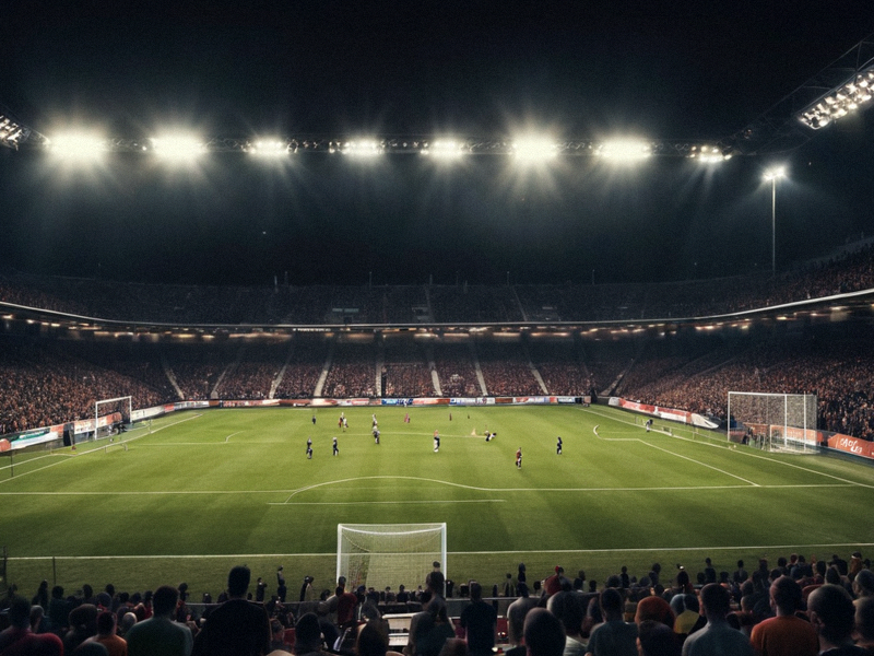 夜晚足球场灯光下的比赛现场，看台坐满观众，球员正在中场拼抢